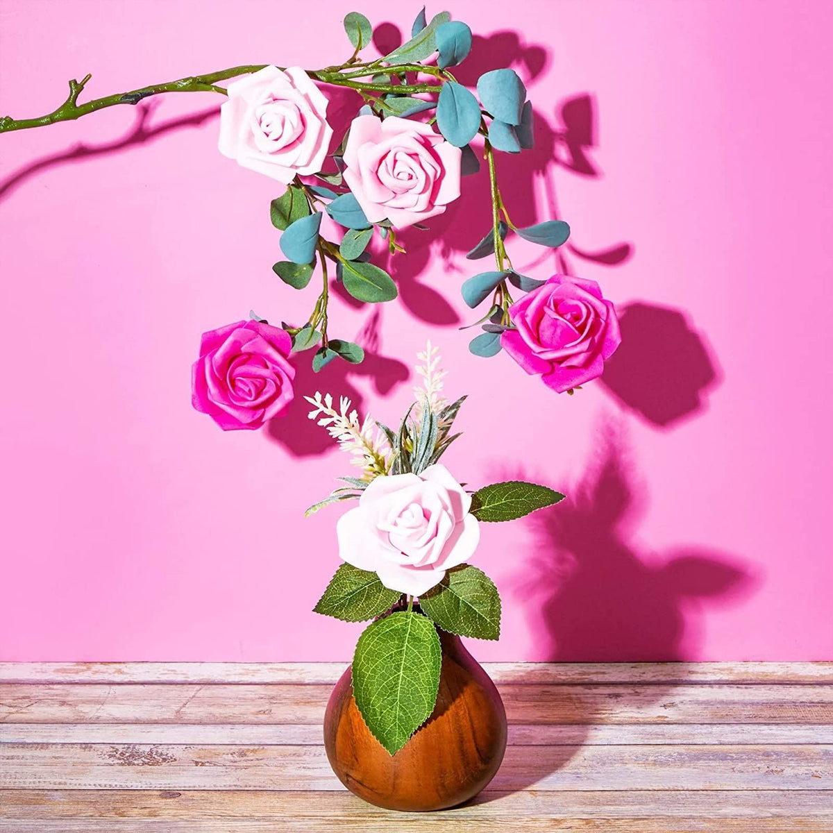 Bright Creations foam rose heads mixed pink shades for vibrant centerpieces.