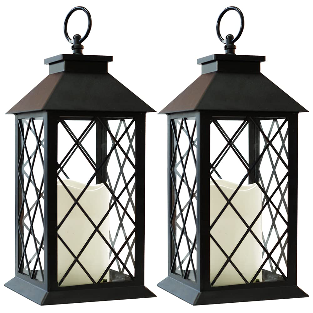 Bright Zeal vintage lantern with textured black finish and LED pillar candle creates warm ambience.