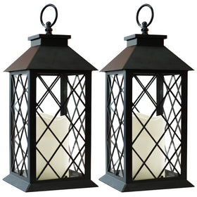 Bright Zeal vintage lantern with textured black finish and LED pillar candle creates warm ambience.