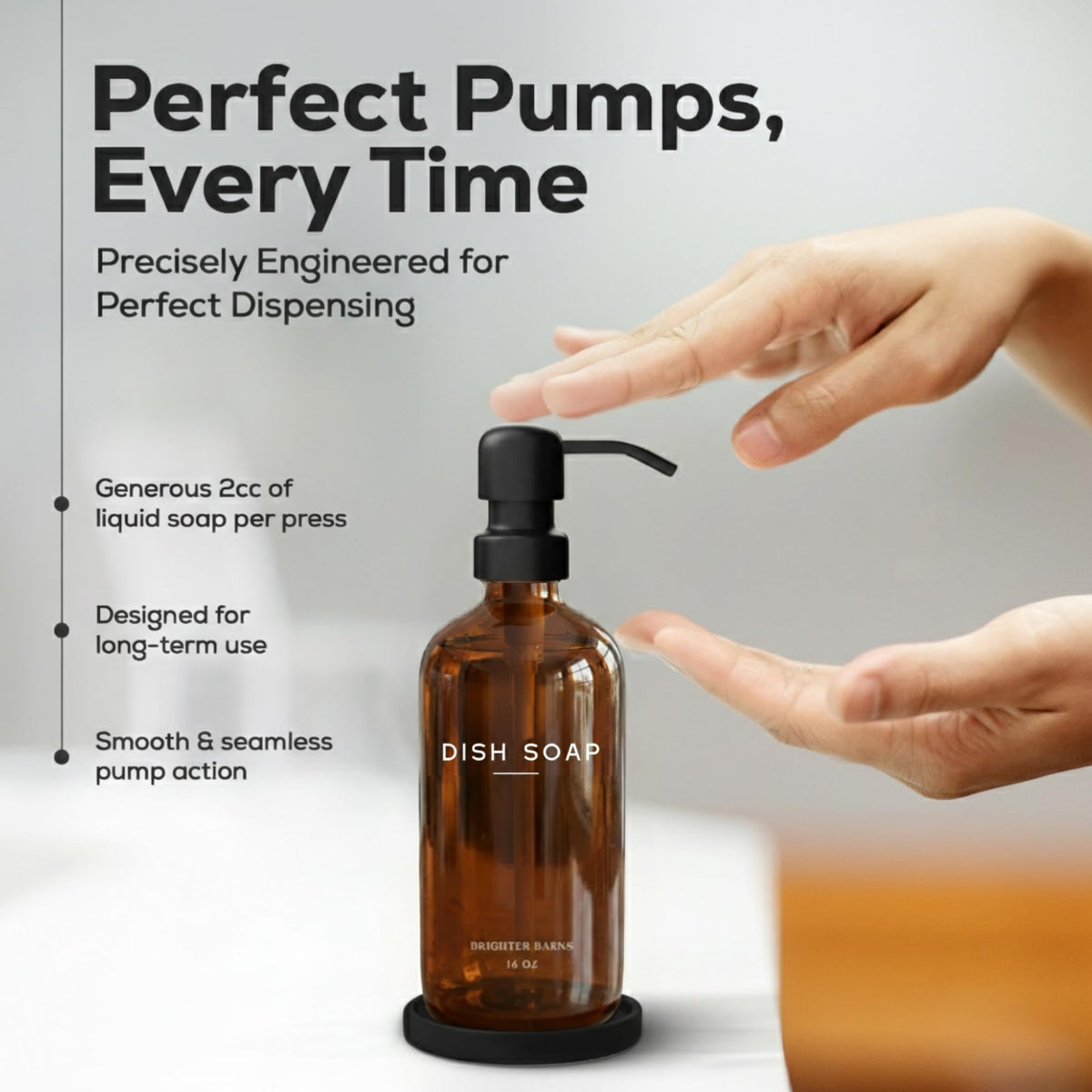 Brighter Barns 16oz glass bottle highlights an eco-friendly countertop upgrade.