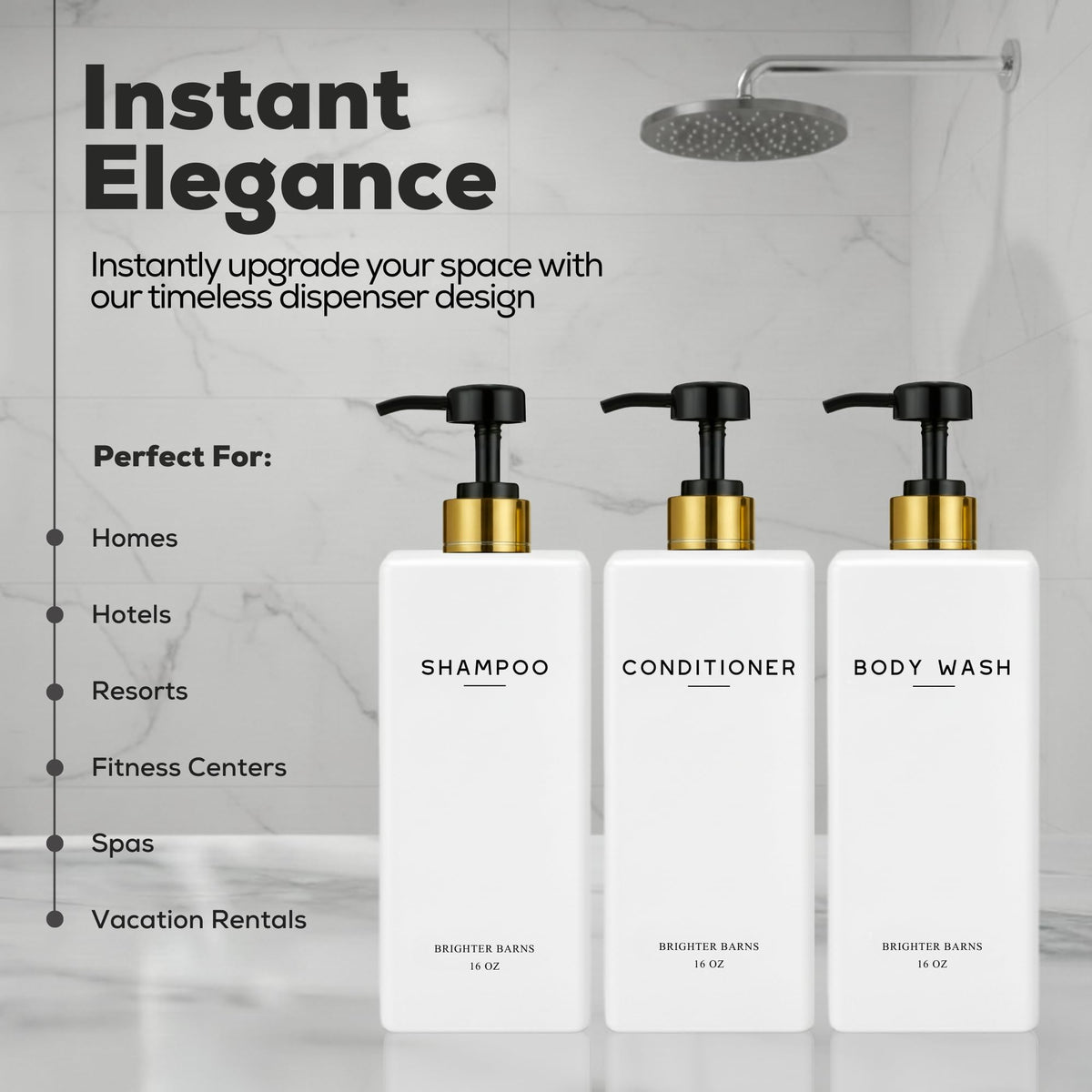 Brighter Barns 16oz PET bottles for shampoo and conditioner, durable and refillable.