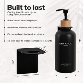 Three 16oz PET bottles designed for shampoo, conditioner, or body wash in the shower.