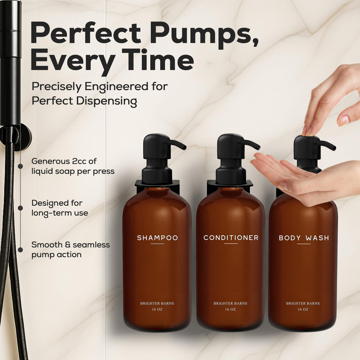 Brighter Barns 304G stainless steel pumps resist corrosion for long-lasting shower use.
