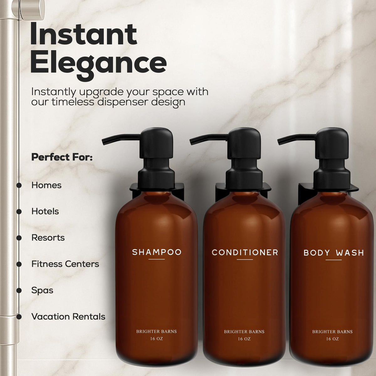 Brighter Barns amber 3-chamber dispenser bottles provide drill-free mounting for bathroom organization.