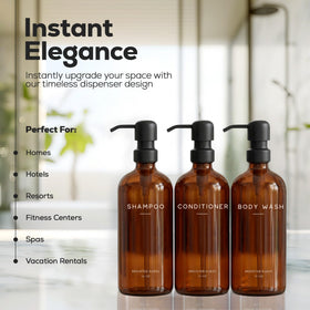 Brighter Barns amber conditioner dispenser enhances coordinated bath decor.