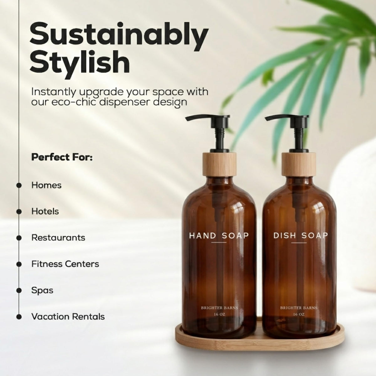 Brighter Barns amber glass dish dispenser with pump keeps soap mess-free