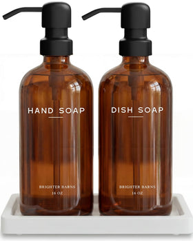 Brighter Barns amber glass dispenser set with pumps for stylish, reusable hand soap.