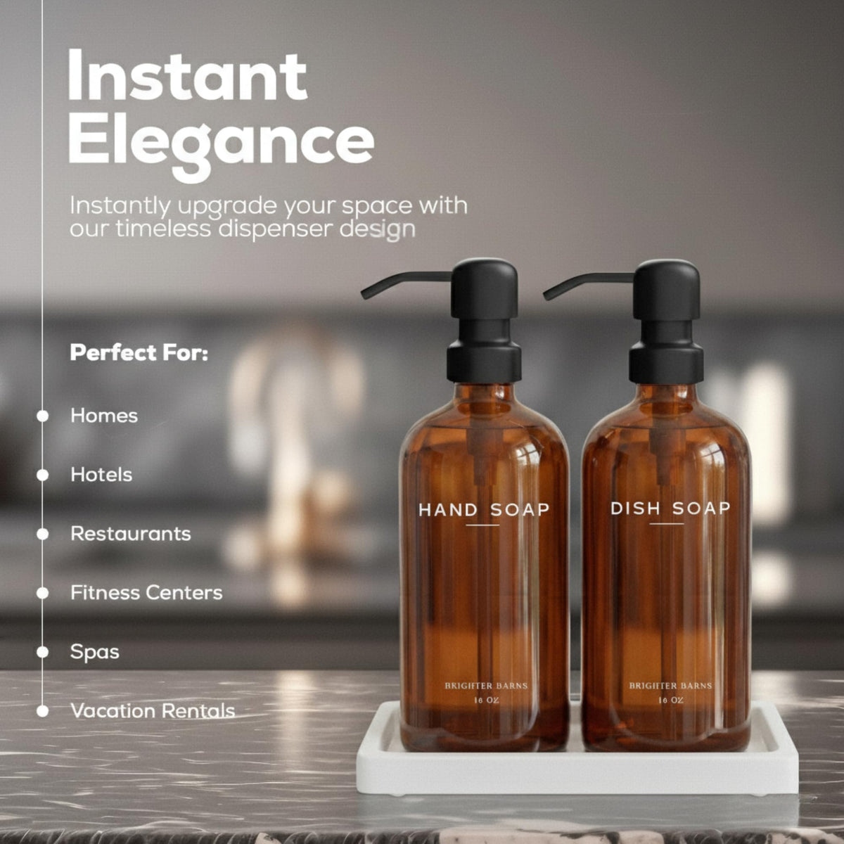 Brighter Barns amber glass dispenser set with tray for organized kitchen counters.