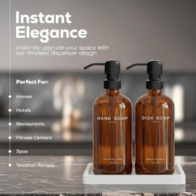 Brighter Barns amber glass dispenser set with tray for organized kitchen counters.