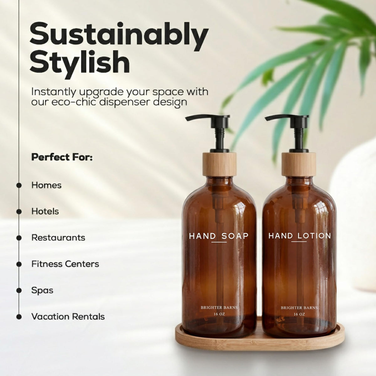Brighter Barns amber glass lotion dispenser with bamboo pump beside a clean vanity.