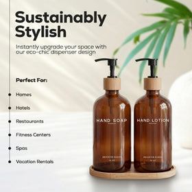 Brighter Barns amber glass lotion dispenser with bamboo pump beside a clean vanity.