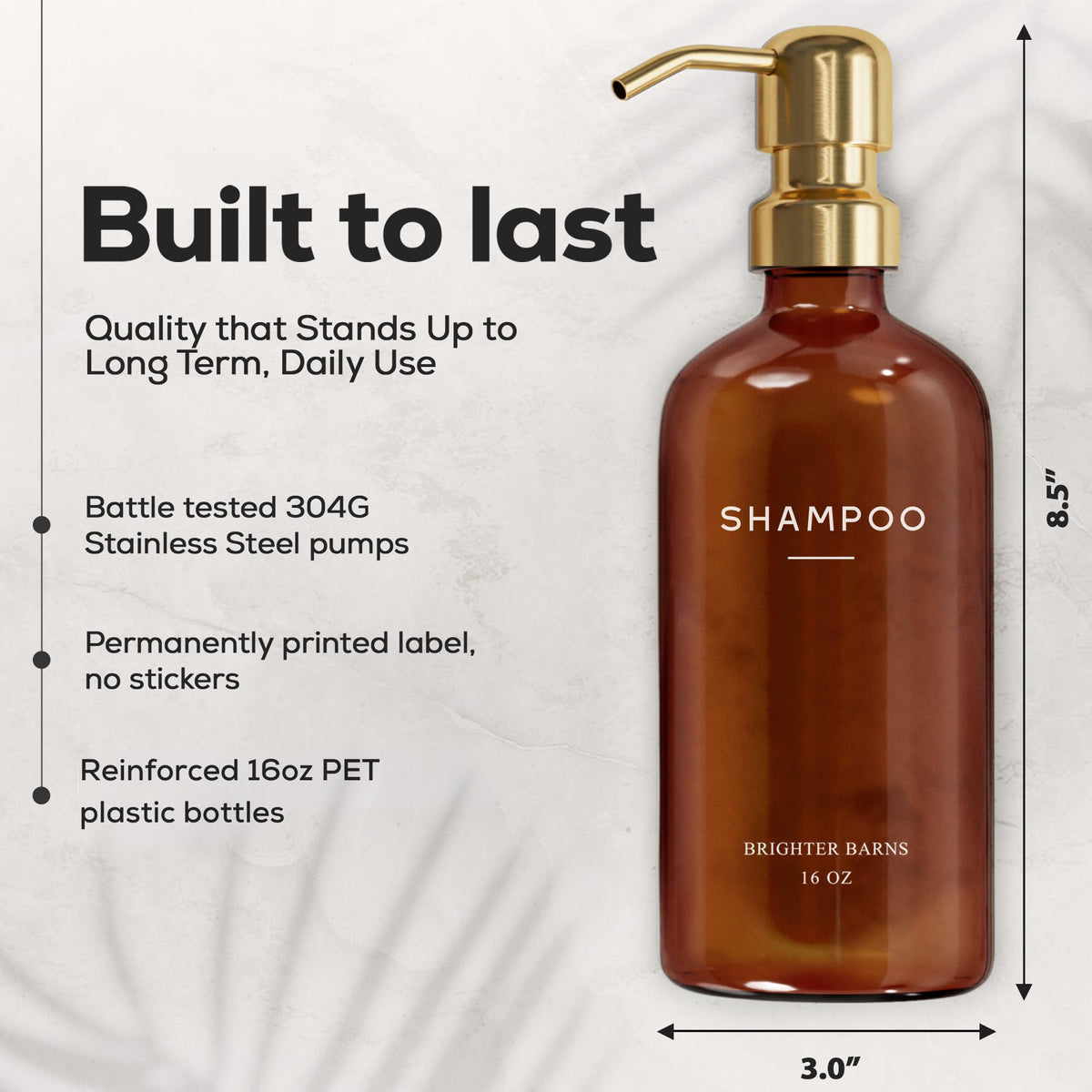 Amber PET bottles from Brighter Barns hold shampoo or conditioner with premium styling
