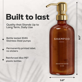 Amber PET bottles from Brighter Barns hold shampoo or conditioner with premium styling