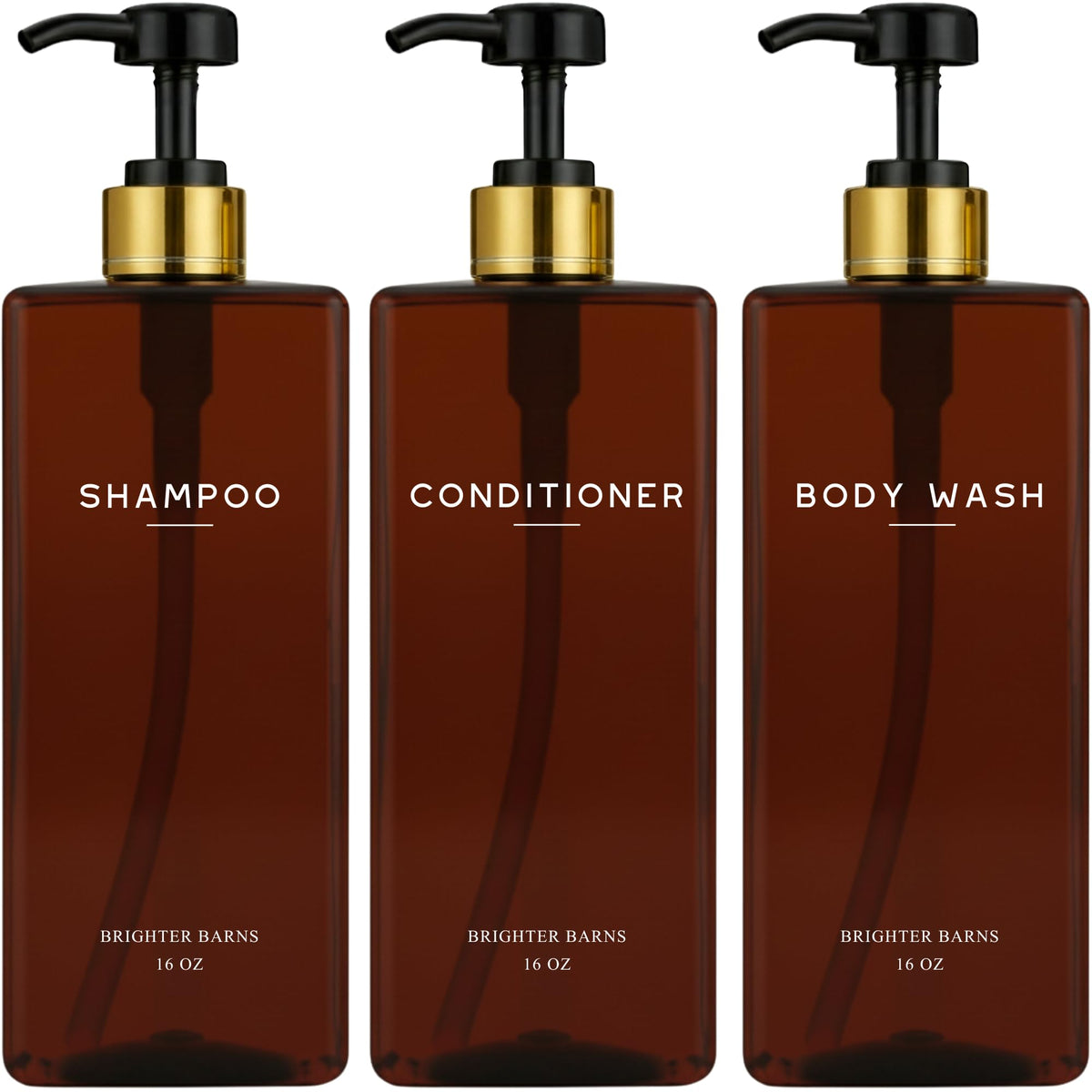 Brighter Barns Amber shampoo dispenser front view for elegant shower organization.