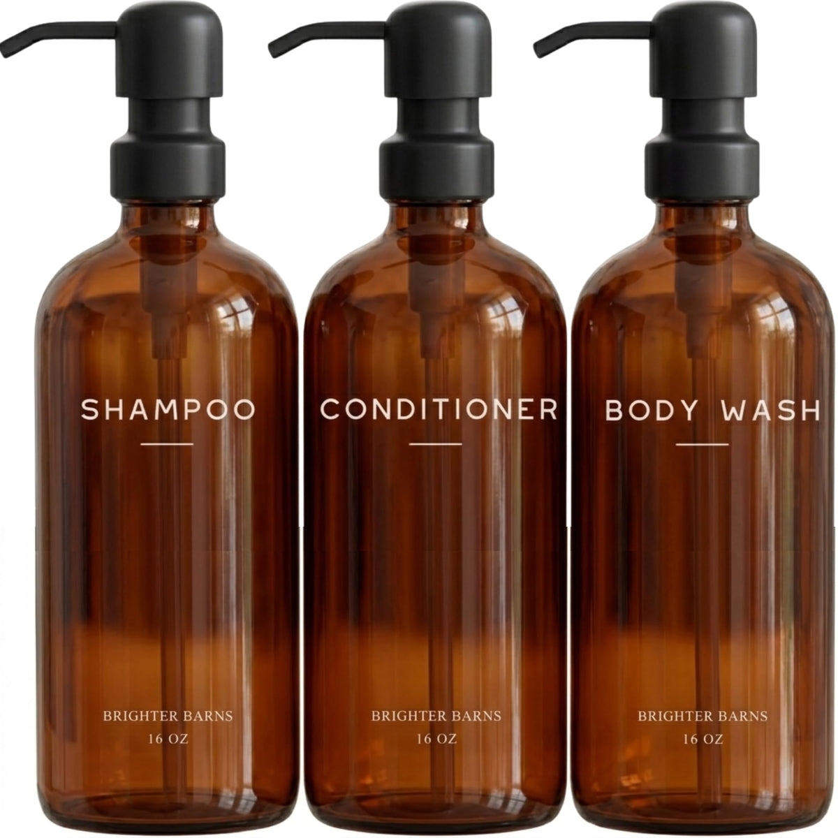 Brighter Barns amber shampoo dispenser for stylish shower upgrade.