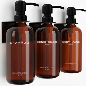 Brighter Barns amber shower dispenser set wall-mounted with three chambers for shampoo, conditioner.