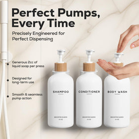Brighter Barns bamboo pump set provides rustproof, BPA-free operation for a premium shower experience.