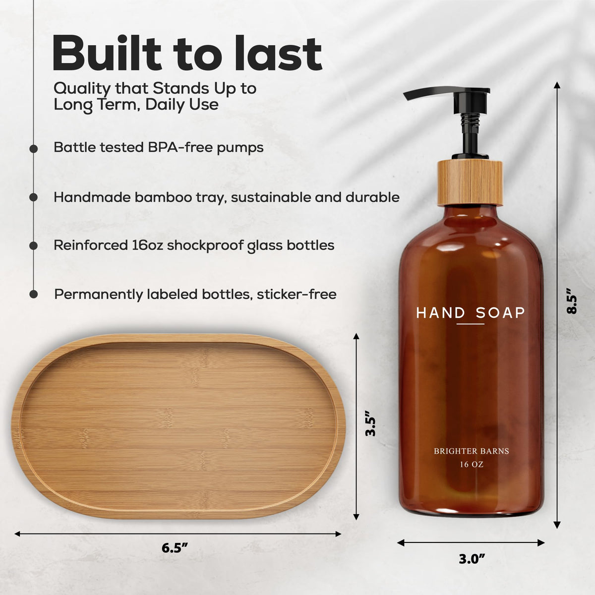 Two Brighter Barns amber glass bottles with bamboo pumps for organized storage.