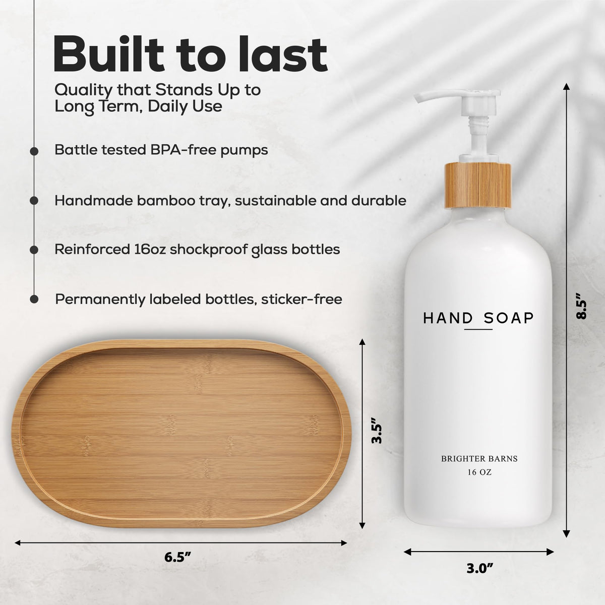 Brighter Barns bamboo tray detail complements minimalist bathroom decor and keeps essentials organized.
