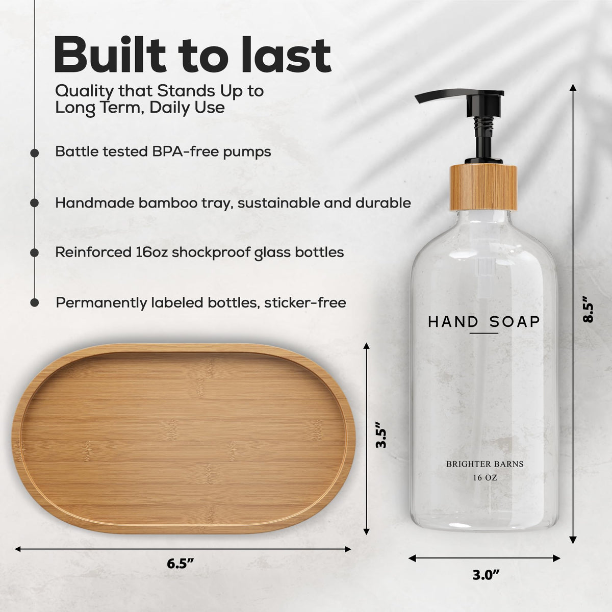 Brighter Barns bamboo tray paired with glass dispensers for stylish kitchen organization.