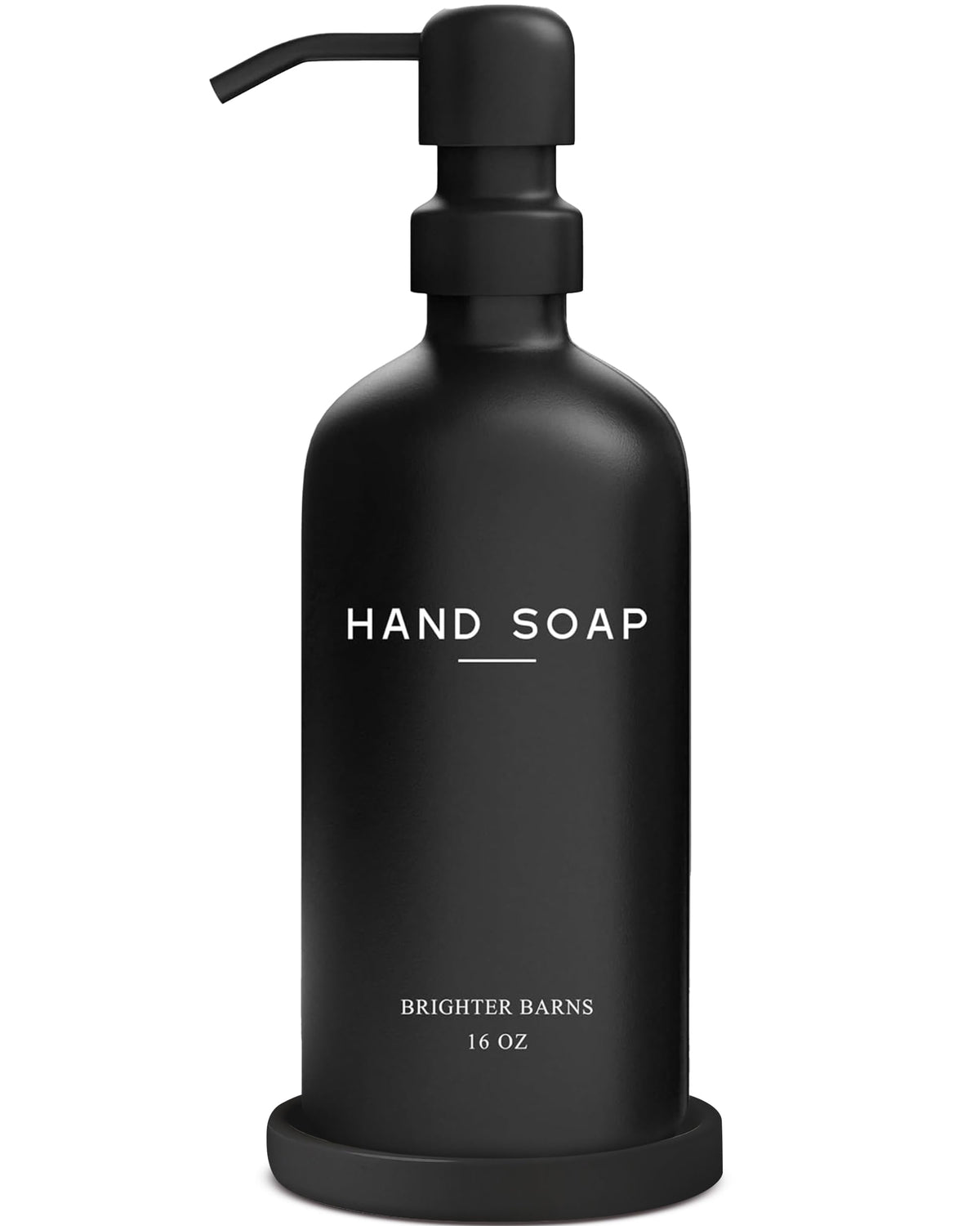 Brighter Barns black glass hand soap dispenser with a sleek design for modern bathrooms.