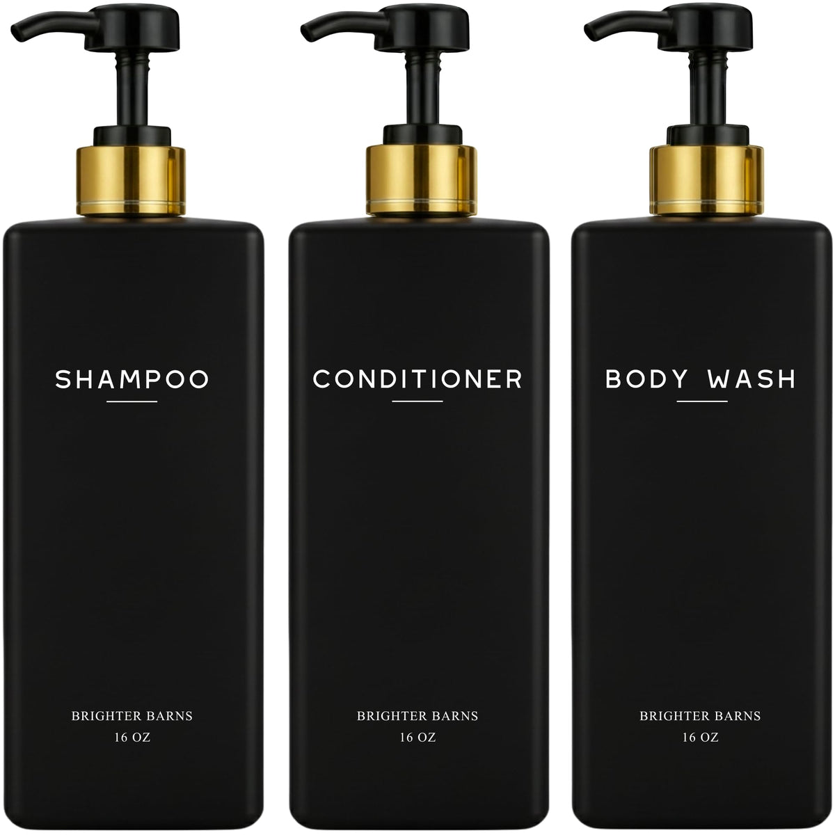 Brighter Barns black dispenser bottles showcase sleek shampoo storage for a modern shower.