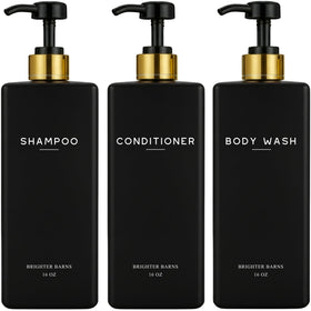 Brighter Barns black dispenser bottles showcase sleek shampoo storage for a modern shower.