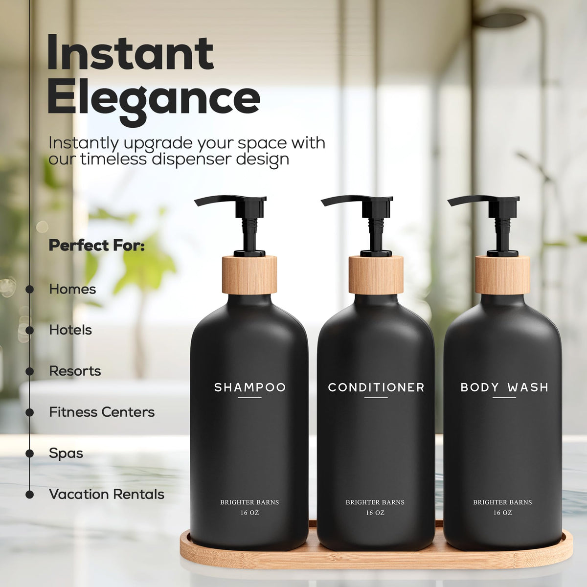 Brighter Barns black dispenser set with bamboo pumps adds a premium touch to any bathroom.