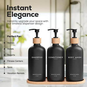 Brighter Barns black dispenser set with bamboo pumps adds a premium touch to any bathroom.