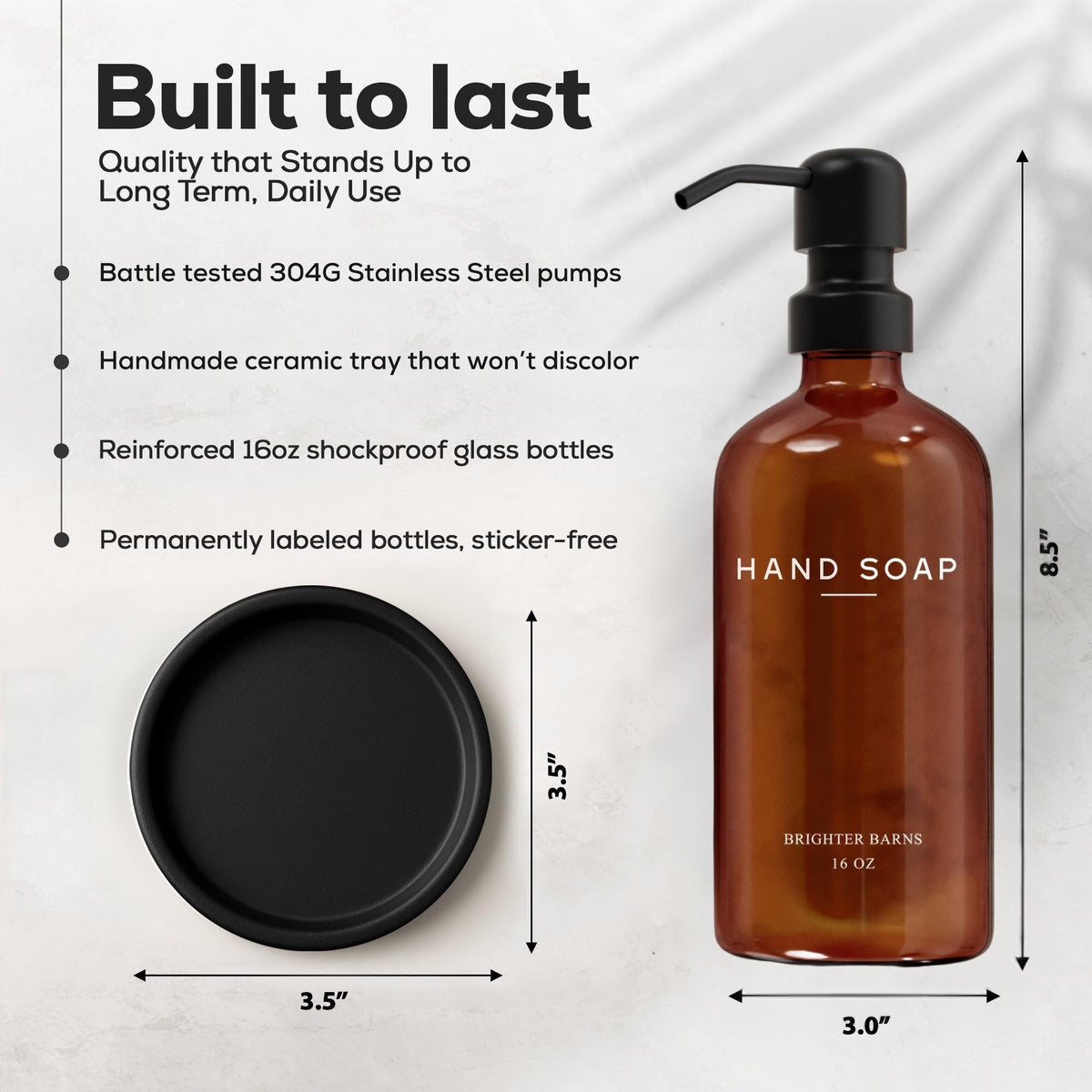 Brighter Barns ceramic tray pairs with the dispenser to keep counters neat