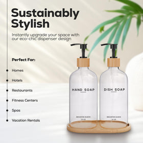 Brighter Barns clear glass dish soap dispenser with bamboo pump on counter.