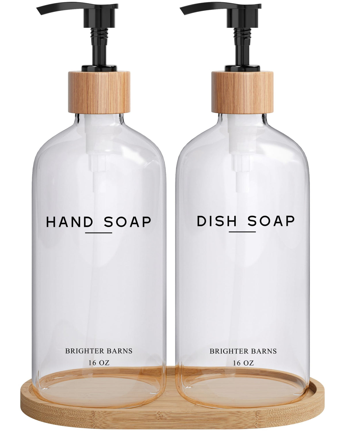 Brighter Barns clear glass hand soap dispenser with bamboo pump on sink.