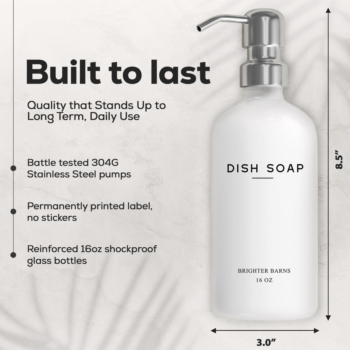 Brighter Barns 16oz glass bottles ready for refill in a stylish setup