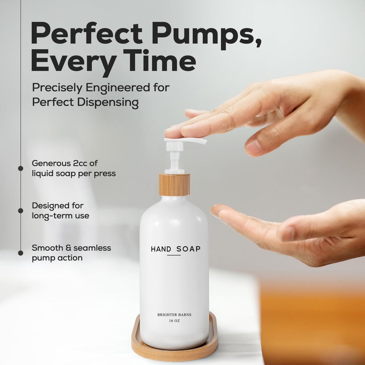 Brighter Barns dispenser set on countertop elevates a clean, modern bathroom look.