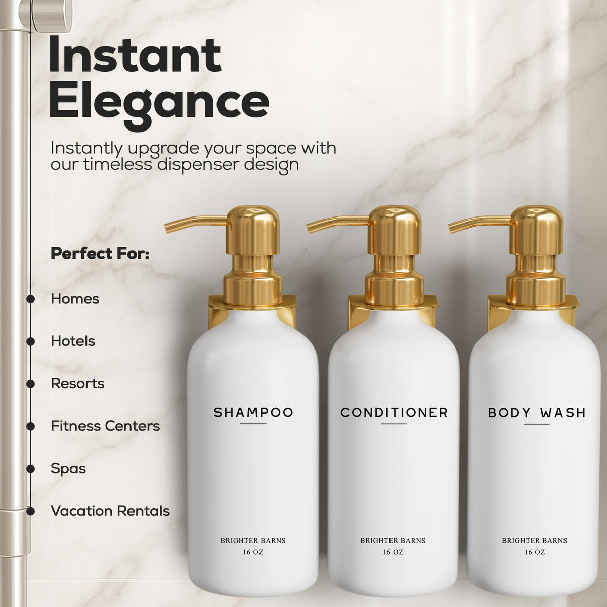 Brighter Barns gold-accent bathroom dispenser enhances shower aesthetics and usability.