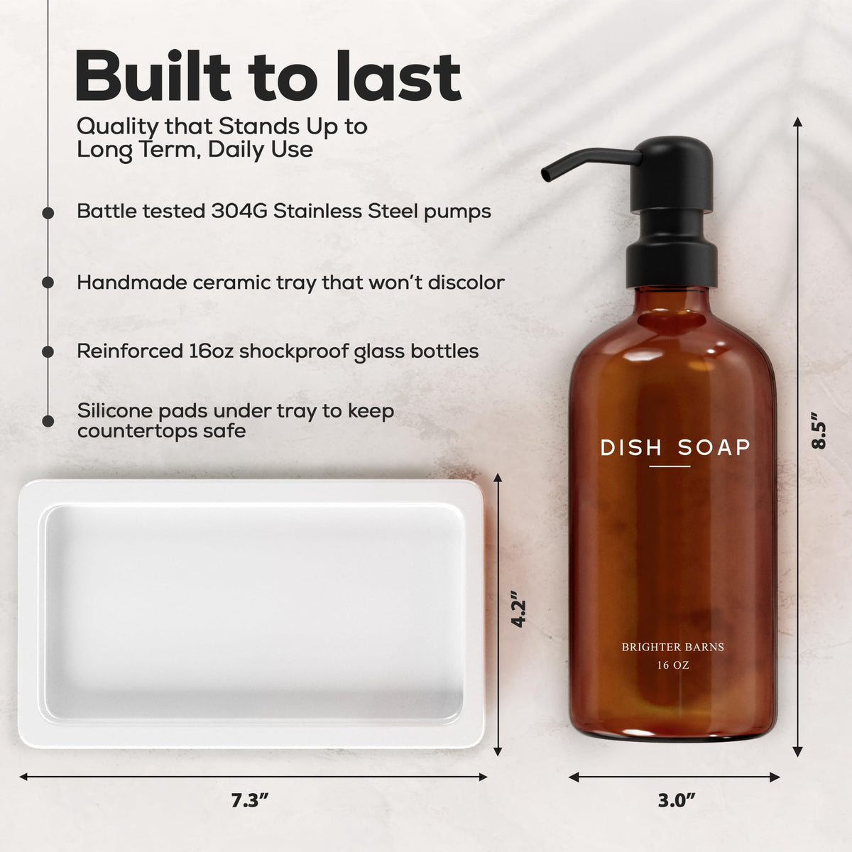 Brighter Barns amber glass hand soap dispenser for eco-friendly refills.