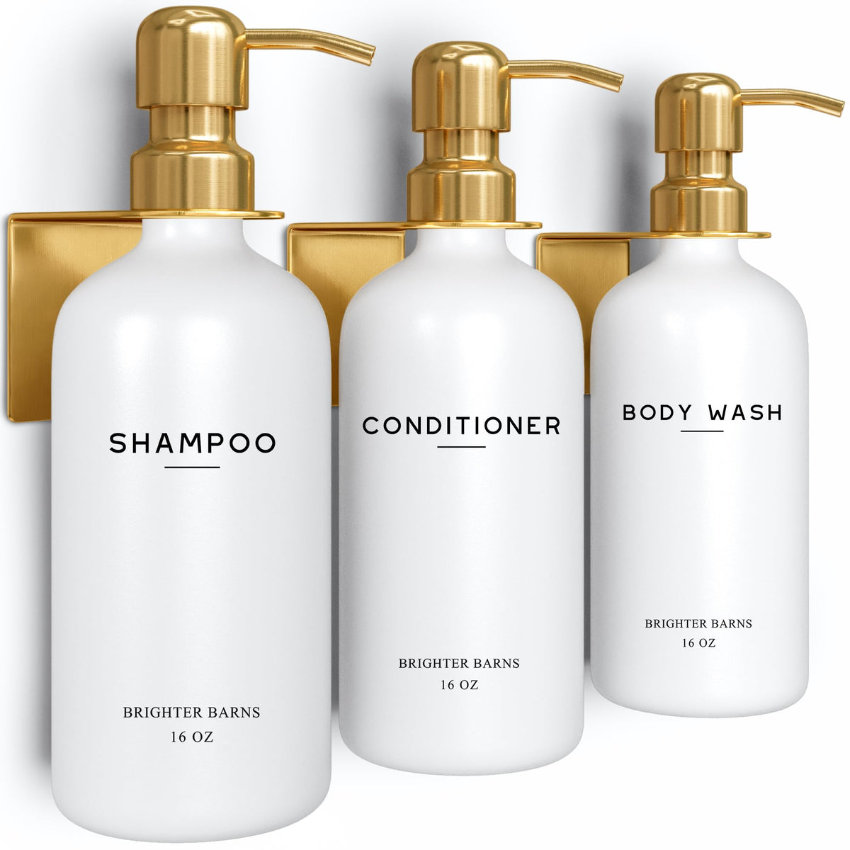 Brighter Barns luxury wall-mounted dispenser set, elegant display for shower organization.