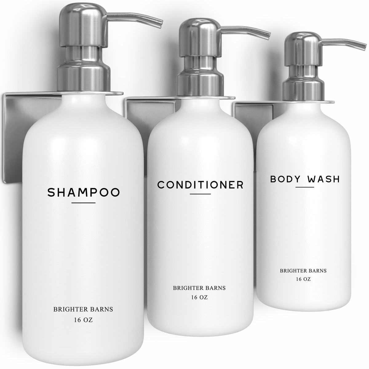 Brighter Barns luxury shampoo dispenser wall mounted with three 16oz bottles for neat shower storage.