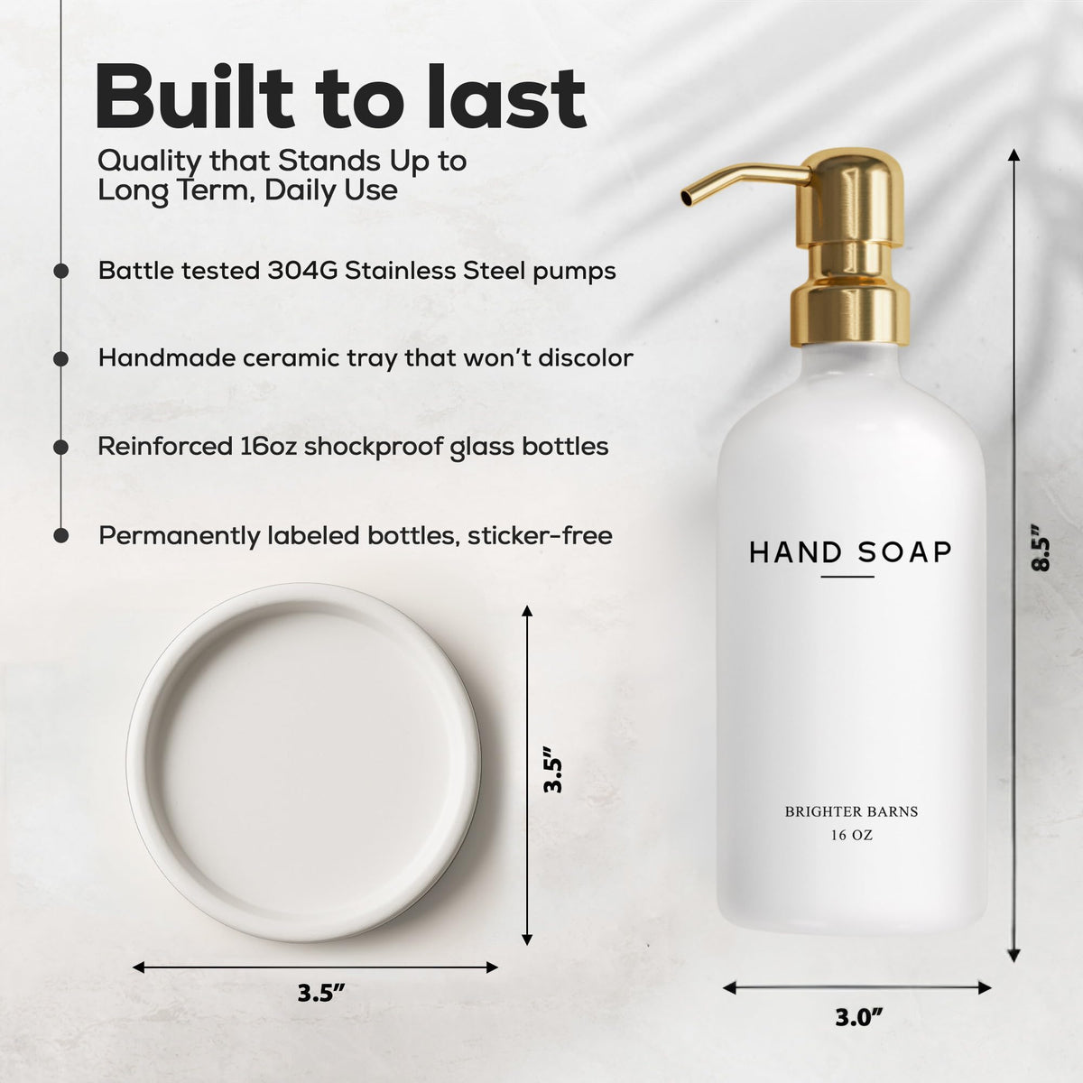 Brighter Barns round ceramic tray pairs with dispenser for a tidy display