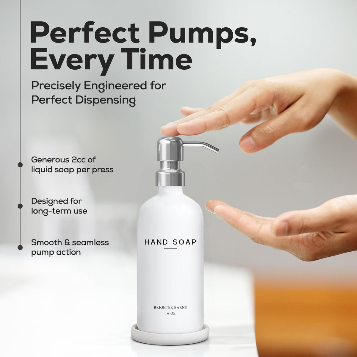 Brighter Barns stainless steel pump on a glass bottle for durability