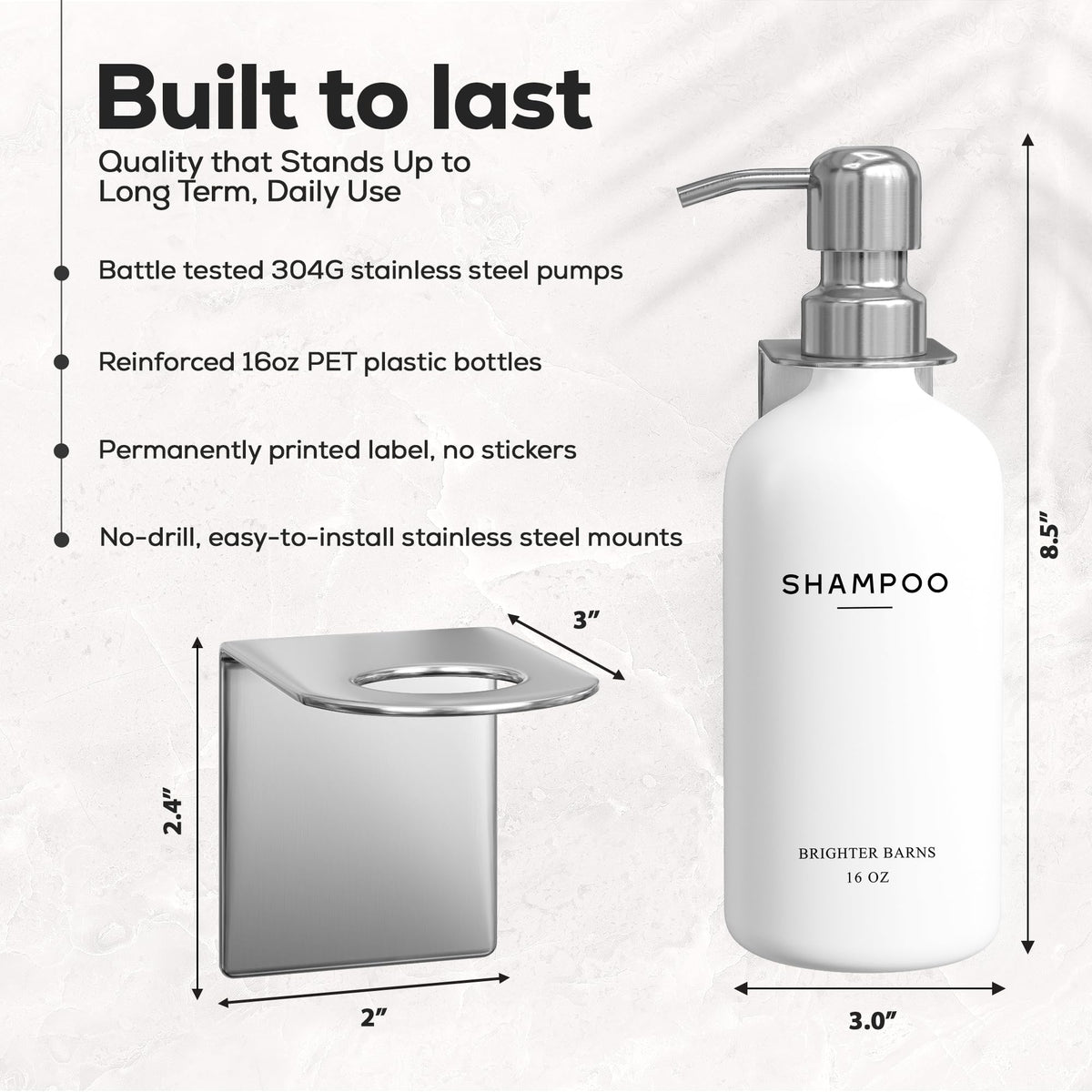 Brighter Barns three-chamber shower bottles 16oz keep shampoo, conditioner, and body wash organized.