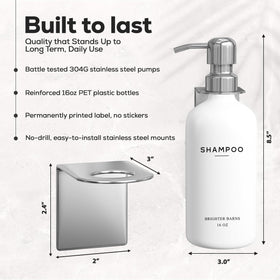 Brighter Barns three-chamber shower bottles 16oz keep shampoo, conditioner, and body wash organized.