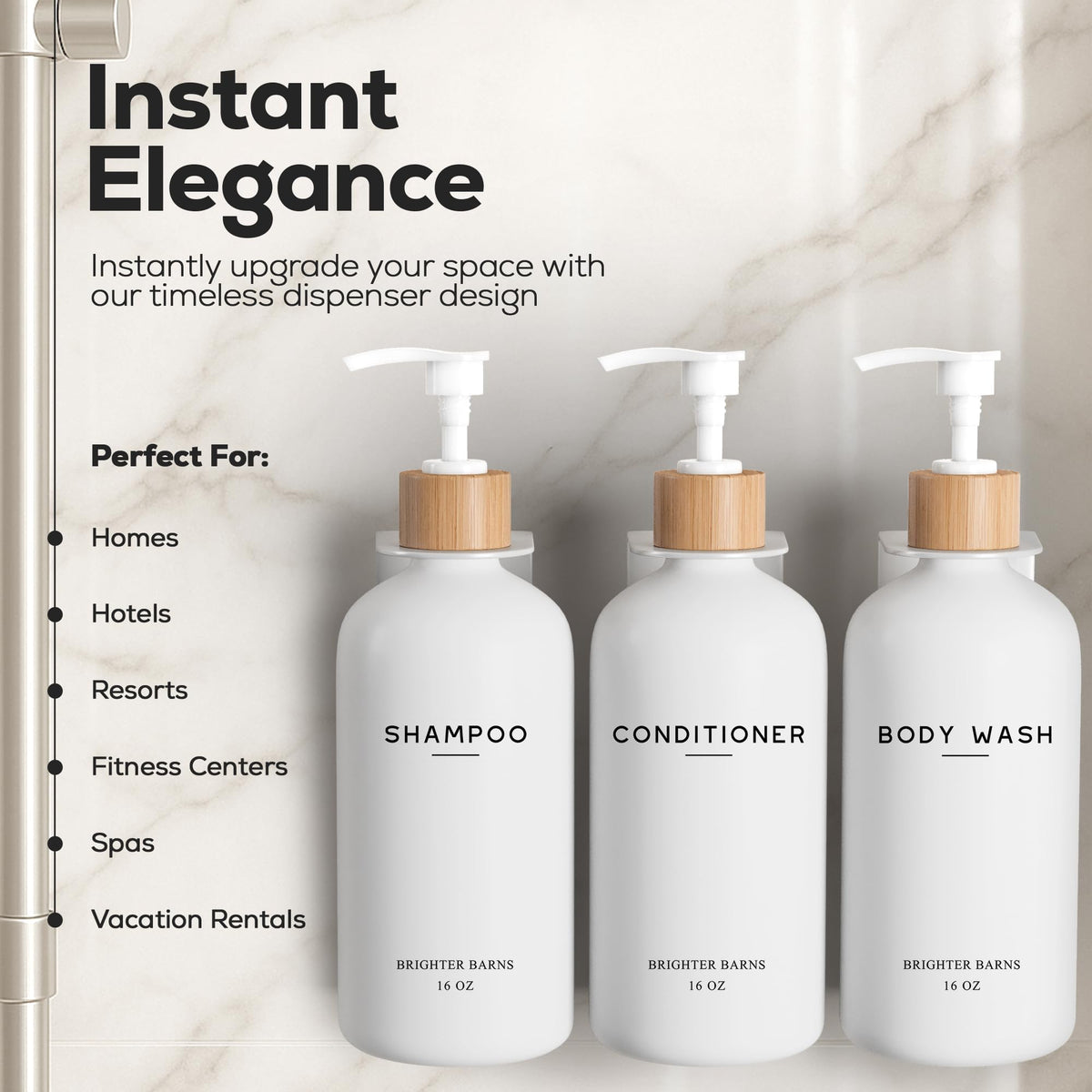 Brighter Barns white conditioner dispenser wall-mounted with 3-chamber design for organized shower storage.