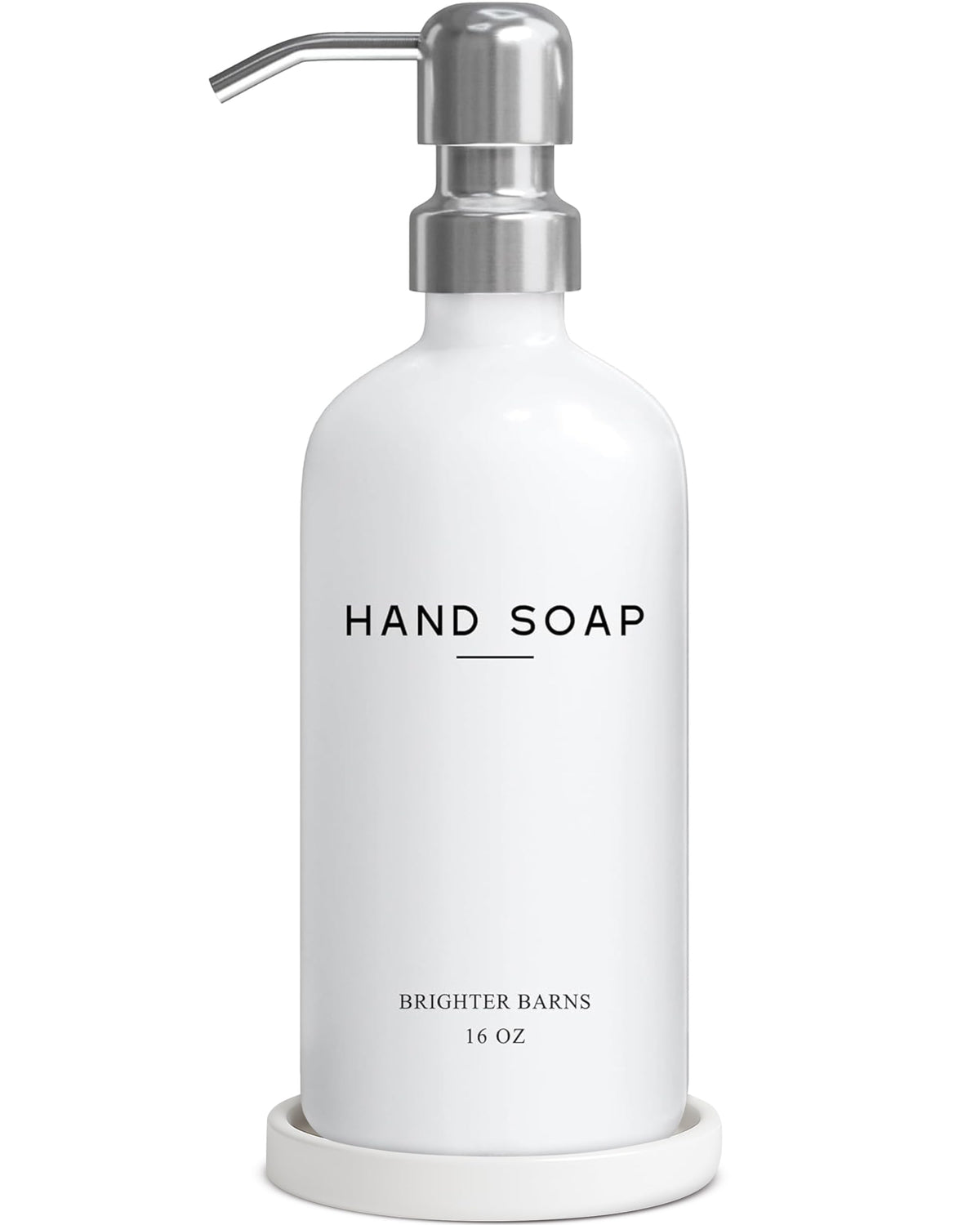 Brighter Barns white glass hand soap dispenser with ceramic tray on a clean bathroom counter