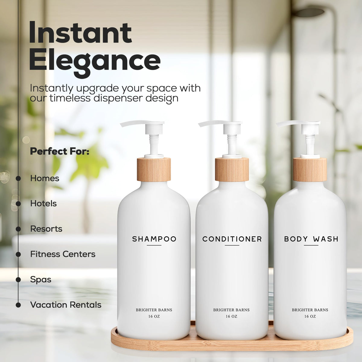 Brighter Barns white dispenser close-up with bamboo pump and sleek design.