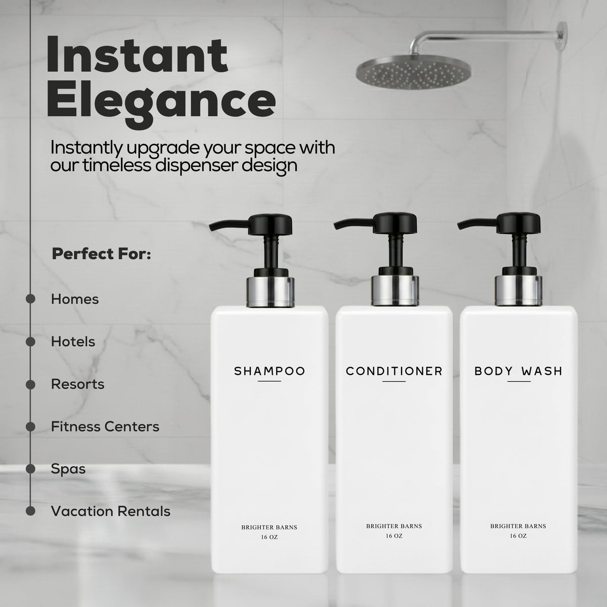 Brighter Barns white-shampoo pump-detail highlights rustproof pumps and durable bottles.