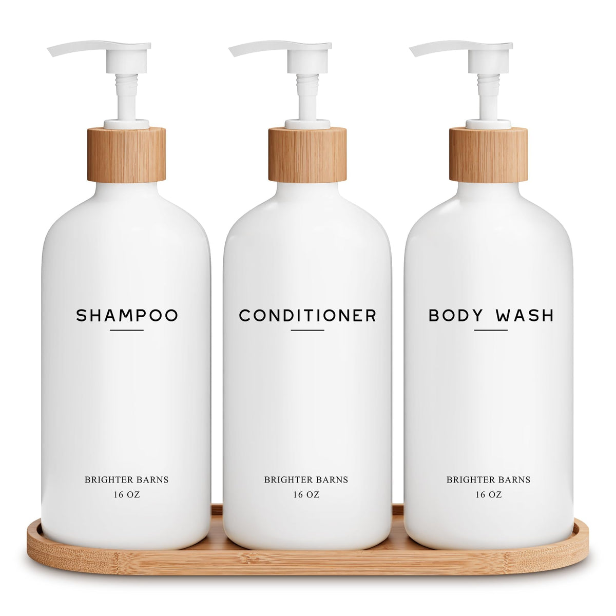 Brighter Barns white shampoo dispenser set displayed on a bathroom shelf for organized storage.