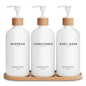 Brighter Barns white shampoo dispenser set displayed on a bathroom shelf for organized storage.