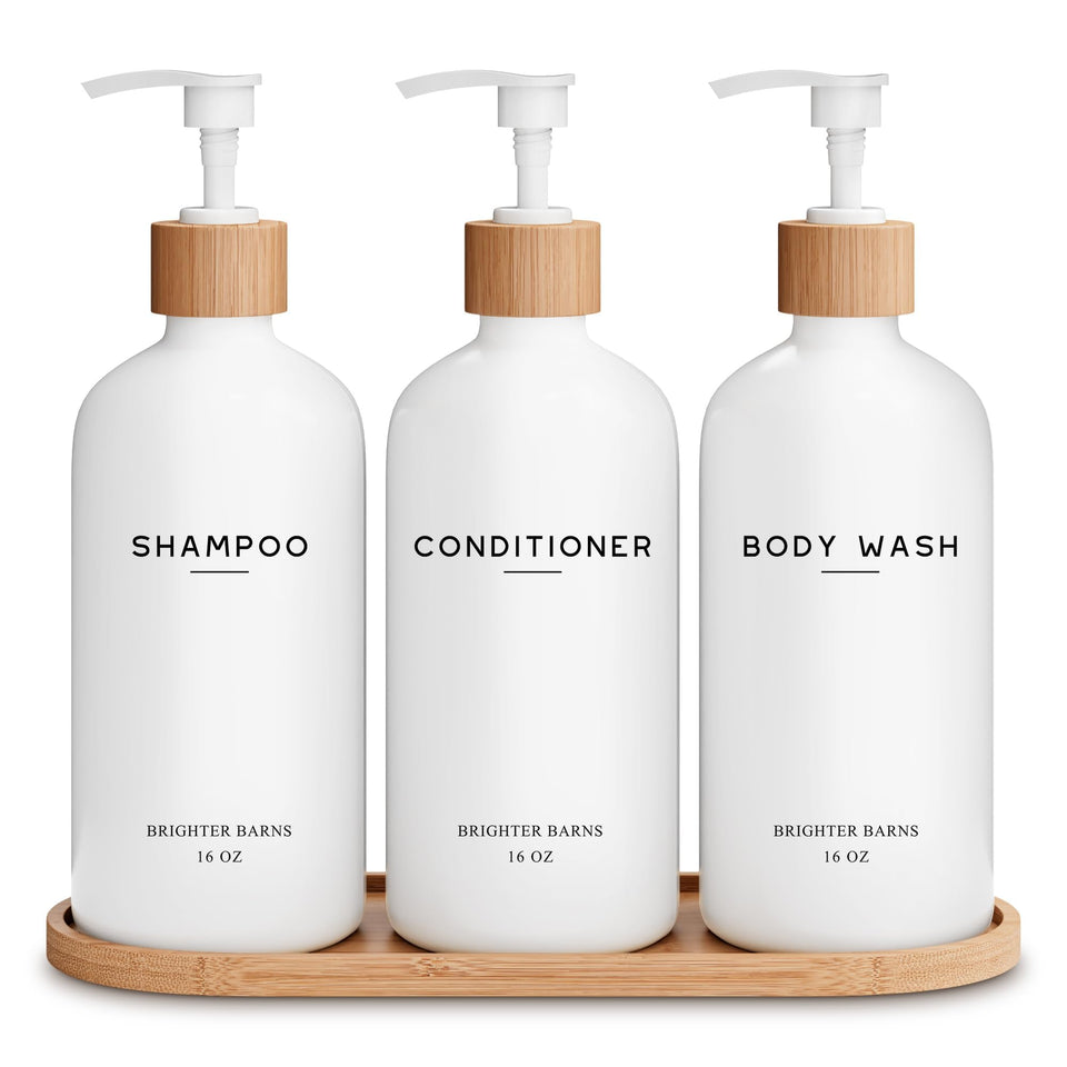 Brighter Barns white shampoo dispenser set displayed on a bathroom shelf for organized storage.