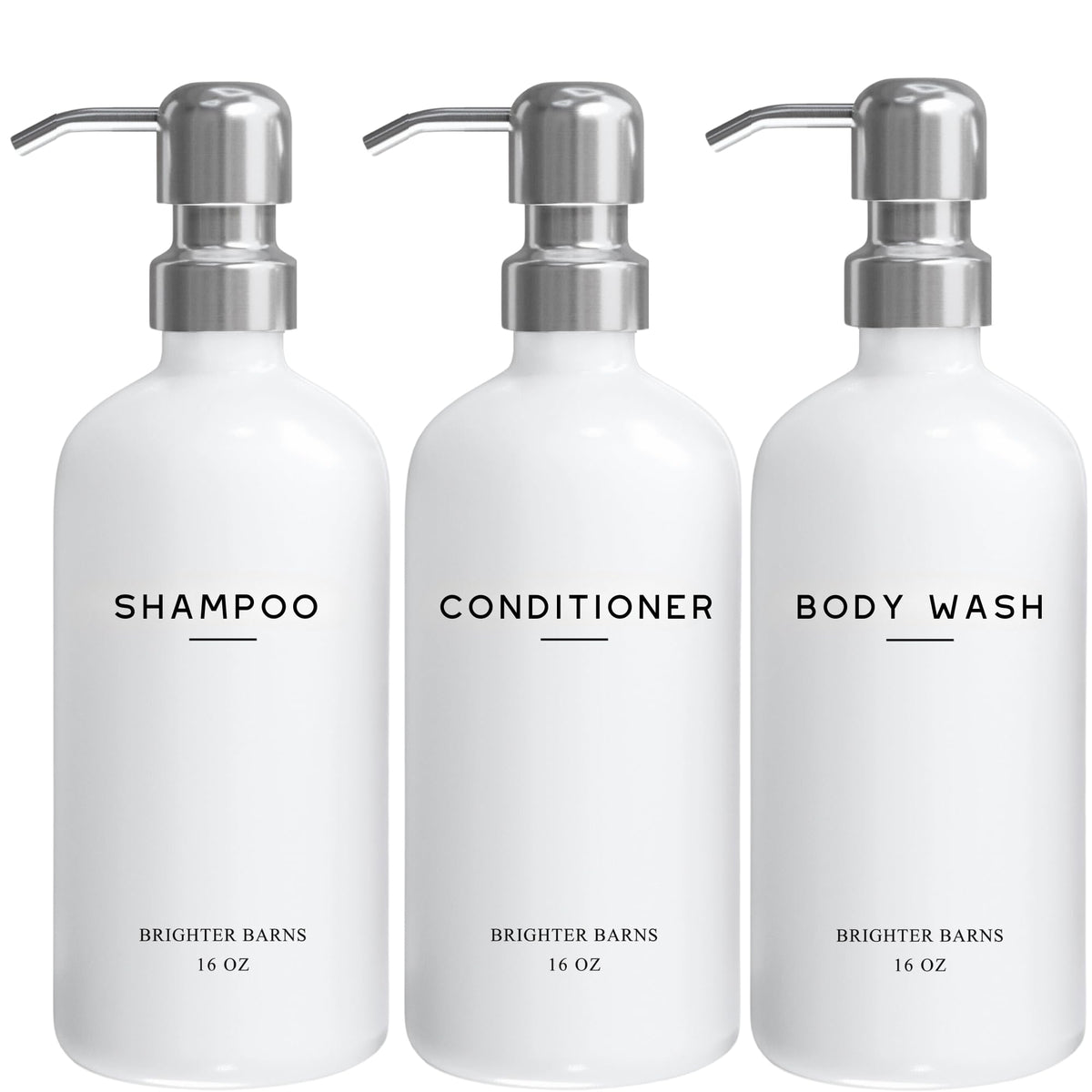 Brighter Barns white shampoo dispenser set with bottles for bathroom organization.